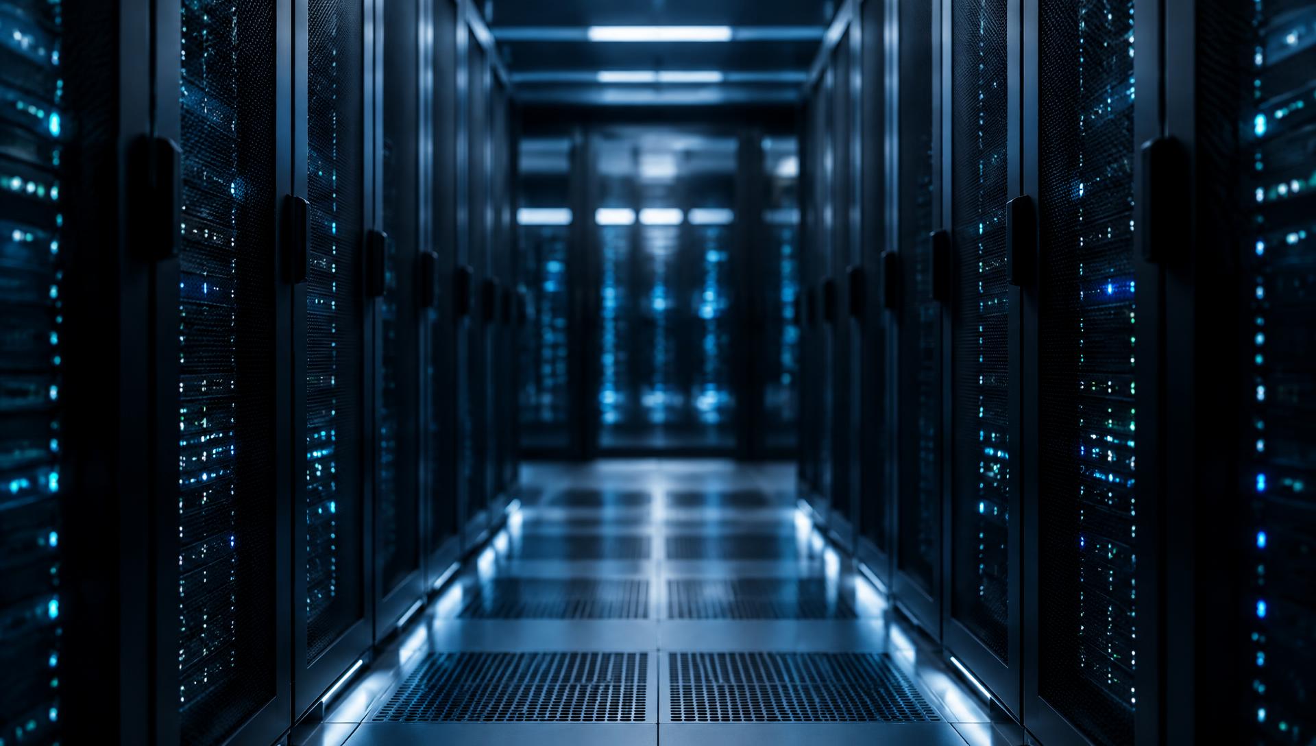 Corredor de data center corporativo com racks de servidores