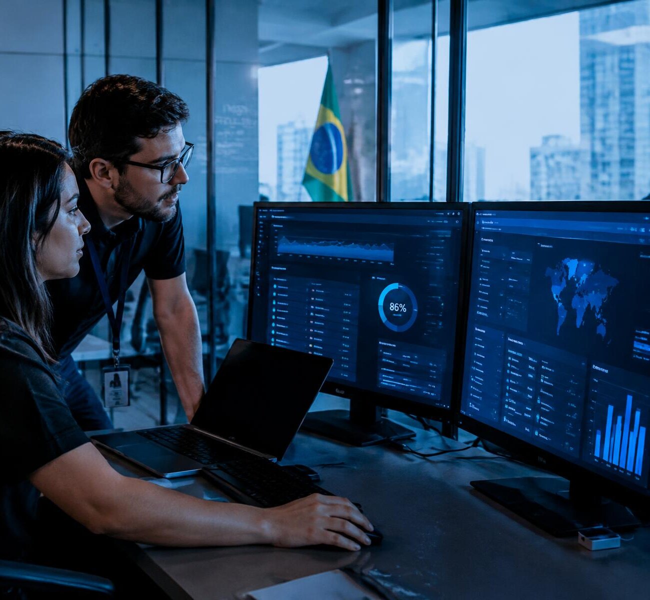 Equipe de TI analisando painéis de monitoramento de infraestrutura